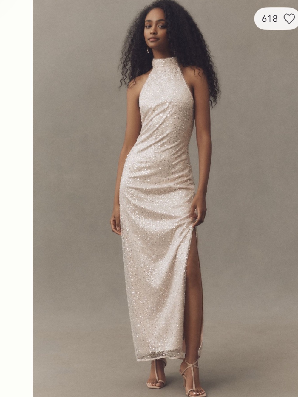 BHLDN Dress High-Neck Sequin Slim Maxi in Chai Cream